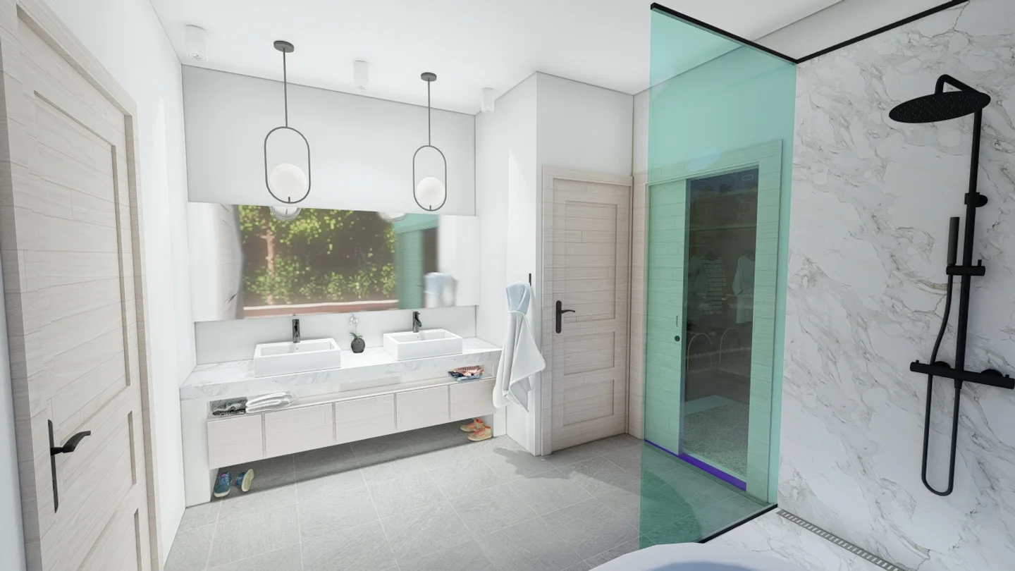 An interior bathroom rendering showing vanity placement, glazing, finishes and a freestanding bathtub.