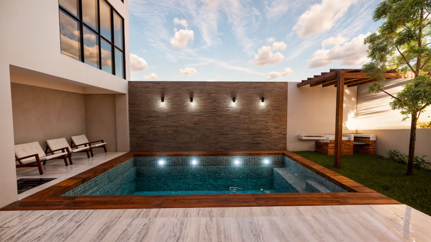 Kantu courtyard rendering with a pool, warm stone walls and a timber pergola