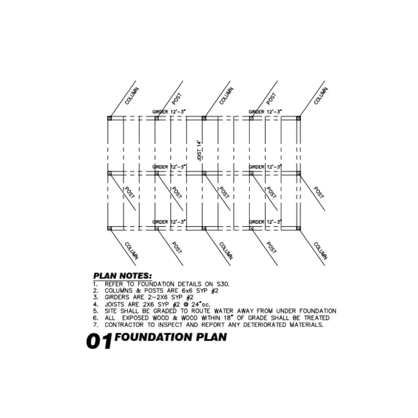 A supplied foundation drawing sheet with layout geometry, references and construction notes.