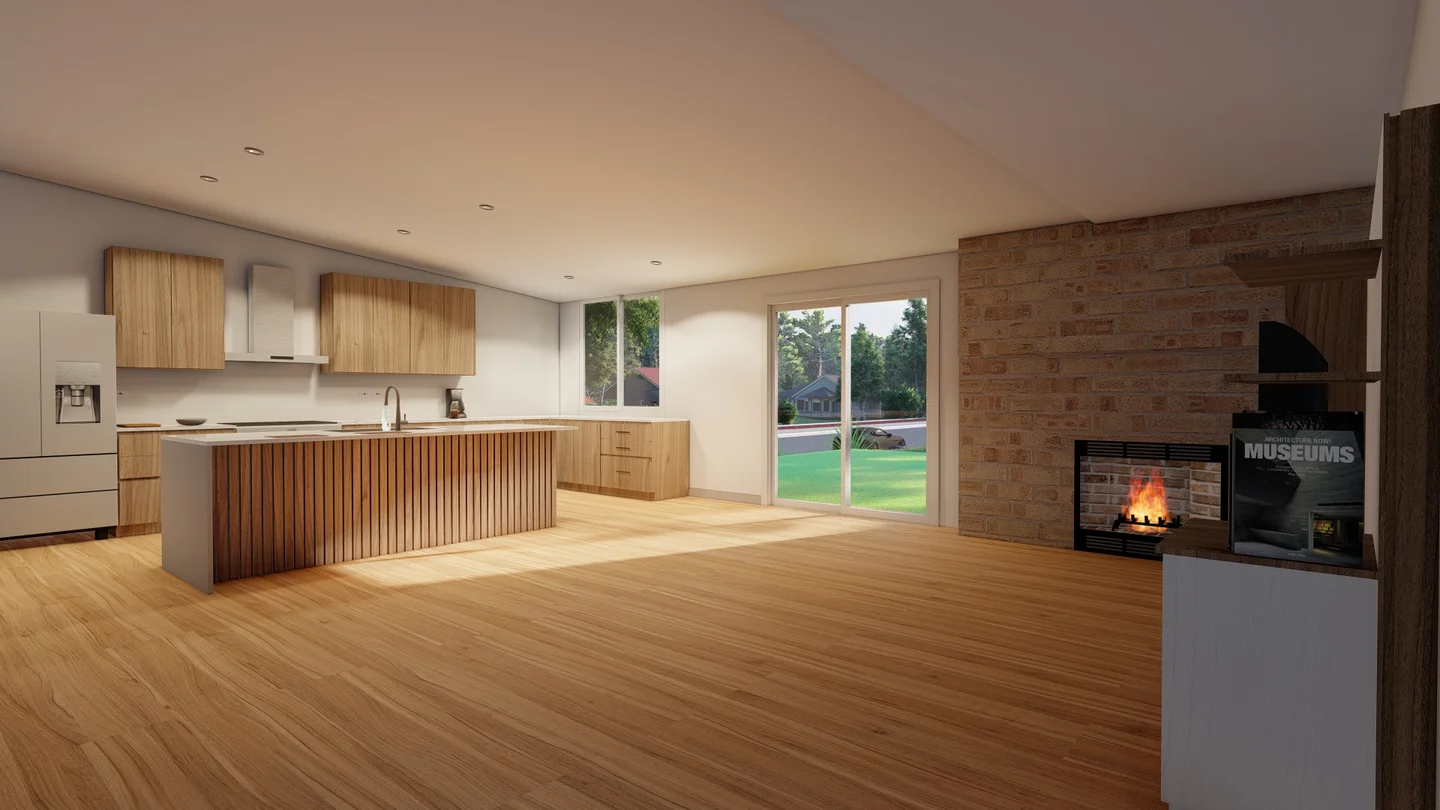 Open-plan kitchen and living room from Kantu's visualization portfolio