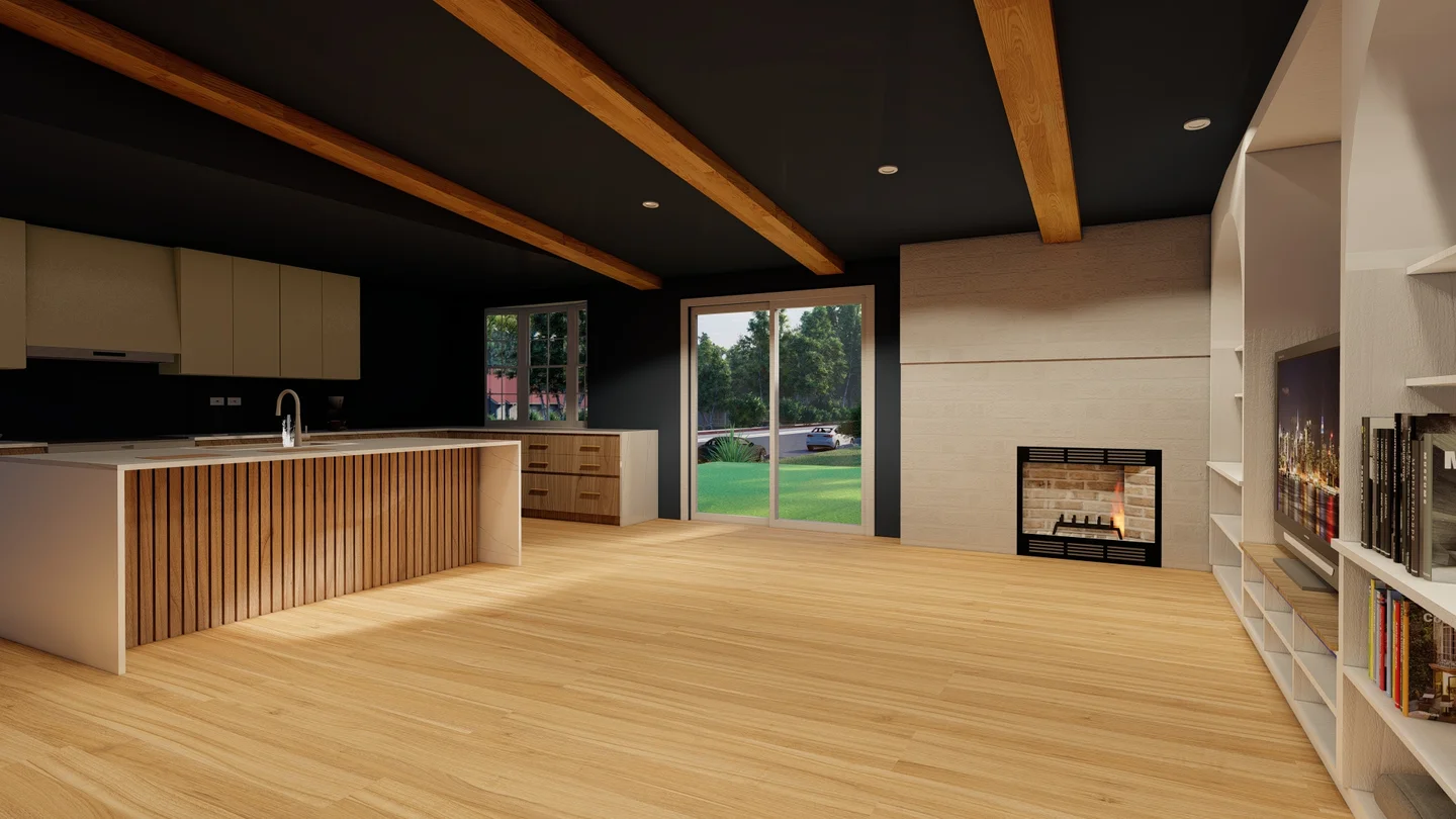 Kitchen and living rendering with exposed ceiling beams