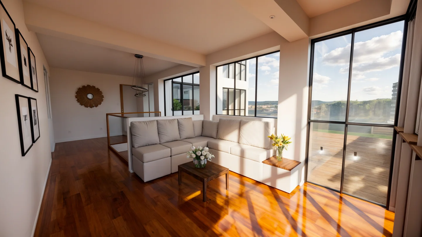 Kantu living room visualization with natural light and warm wood finishes
