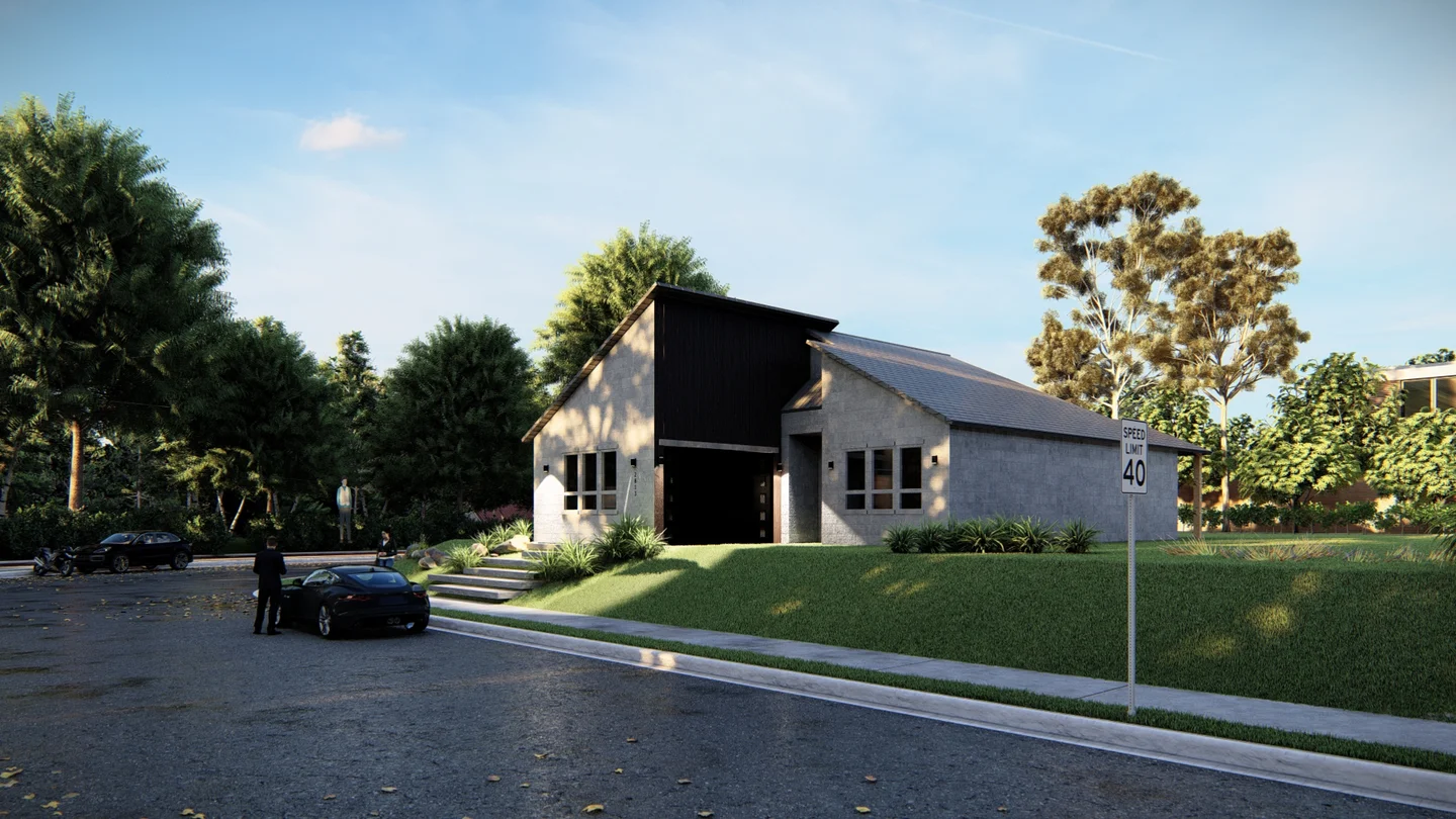 An exterior rendering showing the relationship between a residence, driveway, lawn and surrounding trees.